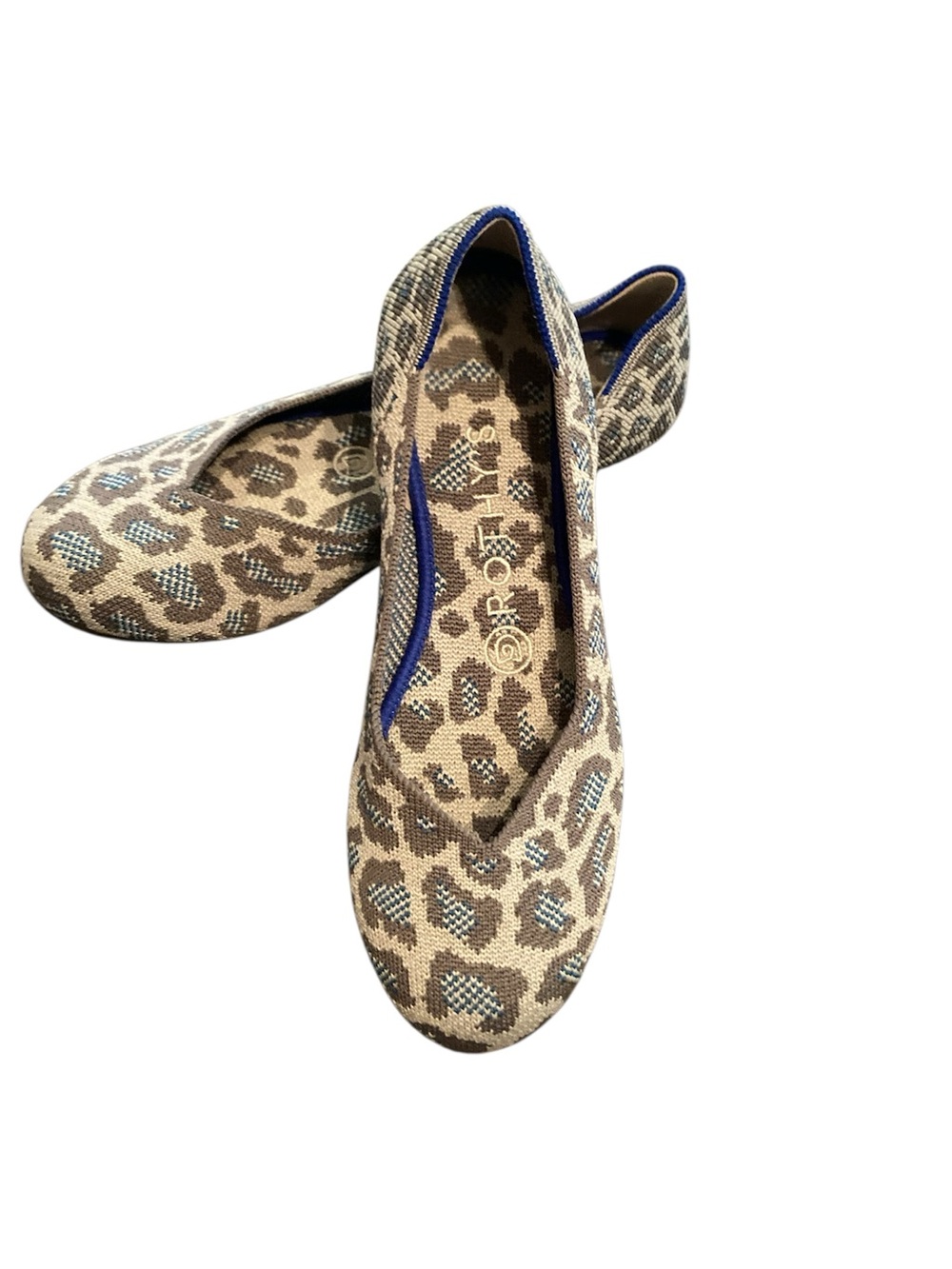 Rothy's Leopard-Print Knit Ballet Flats with Blue Trim